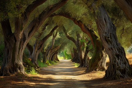 A peaceful dirt road winds its way through a lush forest, encompassed by tall trees adorned with vibrant green leaves, Rustic park alley canopied by ancient olive trees, AI Generatedの素材