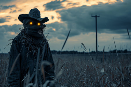 A scarecrow, with yellow eyes, stands tall in a field, guarding against birds and pests, Scarecrow in a desolate farm with glowing eyes, AI Generatedの素材