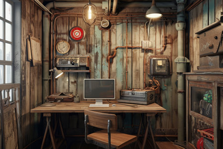 A computer desk featuring a monitor and a keyboard, ready for work or leisure, Rustic styled small business office, AI Generatedの素材