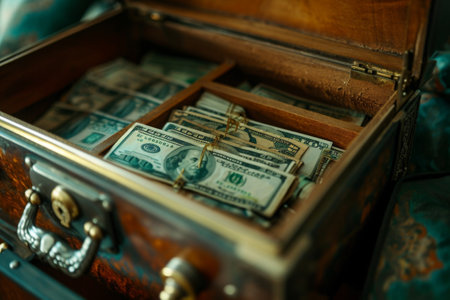 A suitcase filled with money is seen resting on top of a bed in this straightforward and factual image, Safe full of cash and valuable items, AI Generatedの素材