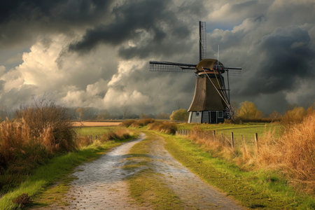 A dirt road stretches towards a windmill as dark clouds fill the sky, Rustic windmill in a Dutch landscape, AI Generatedの素材