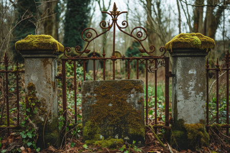 An image of an aged iron gate covered in a layer of green moss, showcasing the approach of time and natures reclamation, Rusty iron gate leading to a moss-covered tombstone, AI Generatedの素材