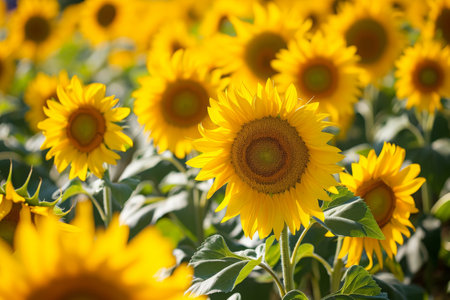 A vast expanse of vibrant yellow sunflowers with lush green leaves fill the frame of the image, Sea of sunflowers swaying gently in a bright birthday scene, AI Generatedの素材