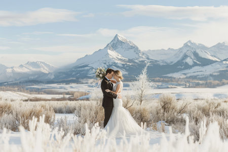 Bride and Groom Standing in Field With Mountains in Background, Scenic winter wedding with a backdrop of snow-covered mountains, AI Generatedの素材