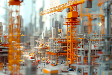 Model City With Construction Cranes, Showcase of unfolding construction processes in a future city, AI Generatedの素材