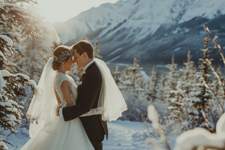 A bride and groom stand together in the snowy landscape, dressed in wedding attire, Scenic winter wedding with a backdrop of snow-covered mountains, AI Generatedの素材