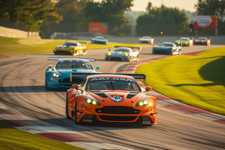 Multiple cars speeding down a race track in a thrilling display of speed and skill, Several colorful sports cars coming around a tight curve on a racetrack, AI Generatedの素材
