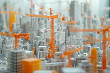 A detailed model of a city featuring multiple construction cranes in action, Showcase of unfolding construction processes in a future city, AI Generatedの素材