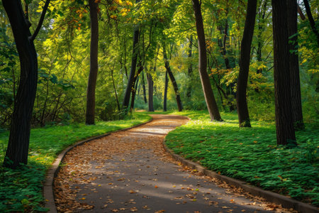 A winding path meanders through the vibrant green foliage of a breathtaking forest, Sinuous pathway nestled among a dense maple tree alley in park, AI Generatedの素材