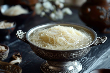 A silver bowl filled to the brim with noodles sits on top of a wooden table, Silver bowl full of bird's nest soup, AI Generatedの素材