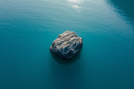 A large rock stands alone in the center of a vast body of water, surrounded by ripples and reflections, Single isolated rock in a calm sea from a bird's eye view, AI Generatedの素材