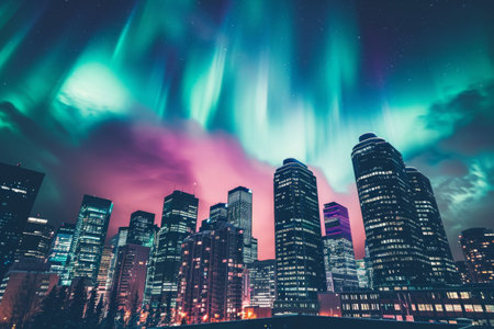 A cityscape with numerous towering buildings, bathed in the mesmerizing colors of the aurora lights dancing in the night sky, Skyscraper cityscape under a magical aurora borealis sky, AI Generatedの素材