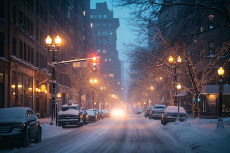 A city street is covered in snow at night, creating a serene and wintery scene, Snow-covered city streets illuminated by soft lamp light, AI Generatedの素材