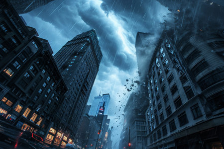 A bustling city street lined with towering buildings, as captured under a cloudy sky, Skyscrapers under a stormy sky with a brewing tornado, AI Generatedの素材