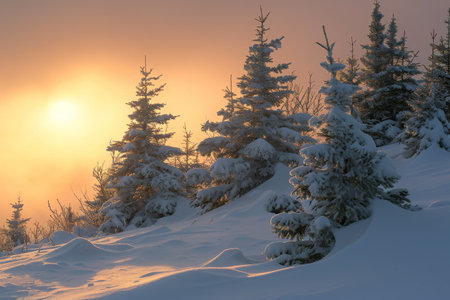 The sun dips below the horizon, casting a warm glow over a majestic snow-capped mountain, Snow-draped evergreens at sunrise, AI Generatedの素材