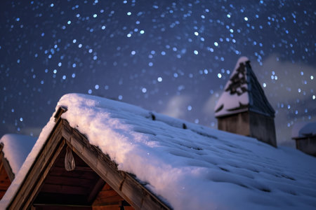 A photo of a roof covered in snow underneath the night sky, Snow-covered rooftoops under a starlit winter night, AI Generatedの素材