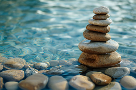A stack of rocks precariously balancing on top of the water, creating an intriguing visual contrast, Smooth pebbles stacked on each other at the shore of a clear water body, AI Generatedの素材