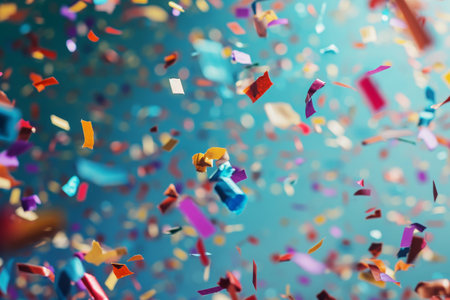 A vibrant assortment of confetti pieces scatter and create a lively display on a solid blue background, Slow motion image of confetti scattering in the air, AI Generatedの素材