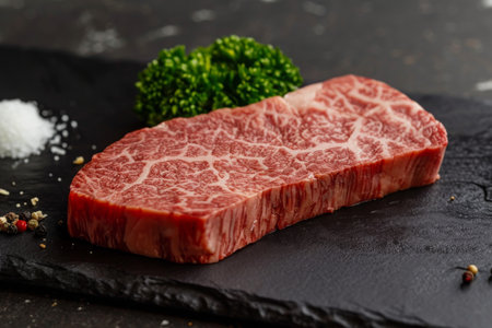 A close-up photo showcasing a piece of raw meat placed on top of a cutting board, Slice of Wagyu steak, marbled texture, AI Generatedの素材