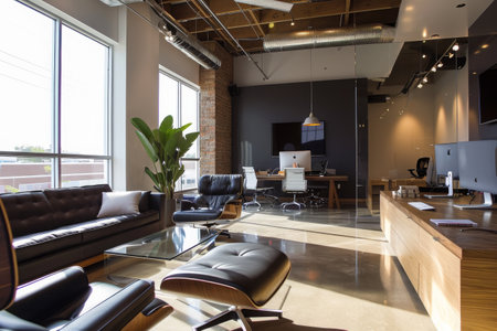 A well-furnished living room featuring various furniture pieces and a modern flat screen TV, Sleek and professional office space, AI Generatedの素材