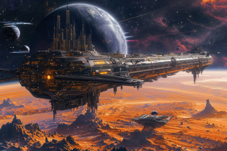 A space station hovers in the atmospheric center of a planet, surrounded by clouds and vast landscapes, Space station floating in an outer space landscape, AI Generatedの素材