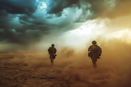 Two soldiers in military uniform walking through a desert landscape under a cloudy sky, Soldiers in a desert storm, facing harsh weather and challenging combat conditions, AI Generatedの素材