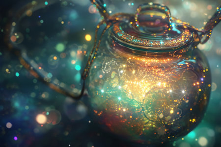 A glass teapot filled with liquid sits on a table, reflecting the light and showcasing its contents, Sparkly and magical graphics of an ambu bag, AI Generatedの素材