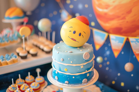 A cake with a smiley face decoration sitting on top, showcasing a cheerful and edible treat, Space-themed birthday party with smiling planets, AI Generatedの素材