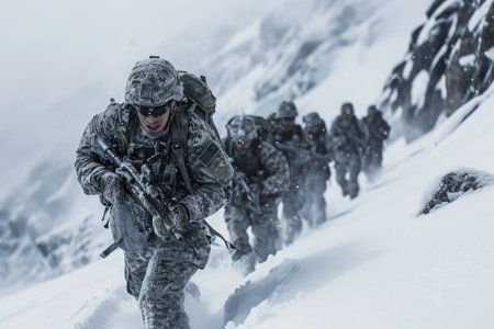 Soldiers Walking Up a Snow Covered Mountain, Special forces soldiers enduring rigorous endurance training in a snow-capped mountain, AI Generatedの素材