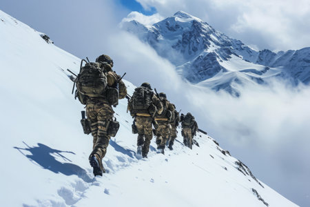 Soldiers Climbing Up Snowy Mountain, Special forces soldiers enduring rigorous endurance training in a snow-capped mountain, AI Generatedの素材