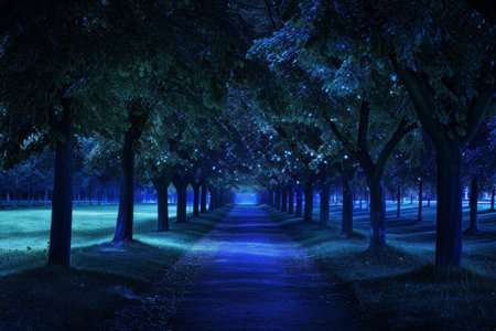 A dimly lit path winds through the dense forest, under a starry night sky, Spectral tree alley bathed in moonlight within a park, AI Generatedの素材