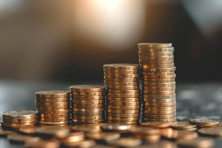 A stack of coins, neatly arranged on a table, creating a visual representation of wealth and financial stability, Stacks of coins representing financial growth, AI Generatedの素材