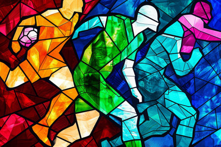 A stained glass window with a vibrant and detailed depiction of an elephant, Stained glass style illustration of common contact sports injuries, AI Generatedの素材