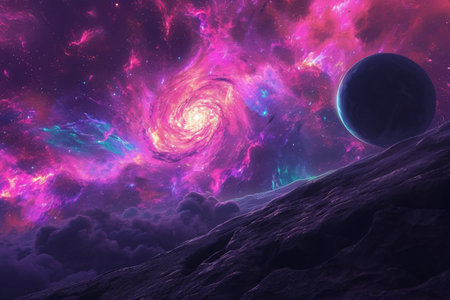 Artists Rendering of a Distant Star System, Stargazing at a neon-hued nebula from a far-off rocky planet, AI Generatedの素材