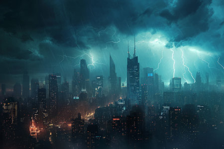 A powerful storm electrifies the night sky above a bustling city, with lightning bolts illuminating the urban landscape, Stormy weather over a luminescent cityscape, AI Generatedの素材