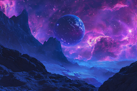 A stunning space scene featuring purple and blue tones, towering mountains, and a backdrop of twinkling stars, Stargazing at a neon-hued nebula from a far-off rocky planet, AI Generatedの素材