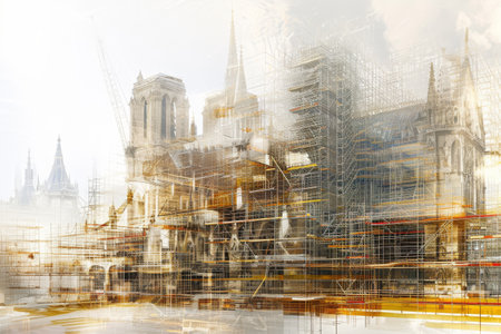 A Digital Painting of a City With Scaffolding, Superimposed images of construction project and architectural designs of the future, AI Generatedの素材