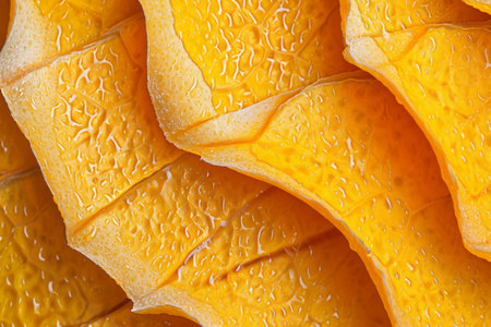 A detailed close up view of a single yellow fruit, showcasing its texture, color, and shape, Surface texture of an orange peel in close-up, AI Generatedの素材