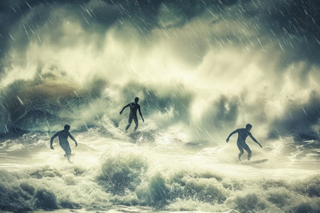 A group of individuals are skillfully riding waves on their surfboards in the ocean, Surfers braving stormy waves, AI Generatedの素材