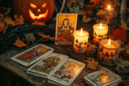 A table covered with an arrangement of cards and candles, creating an inviting and atmospheric setting, Tarot card pattern as a Halloween connecting motif, AI Generatedの素材