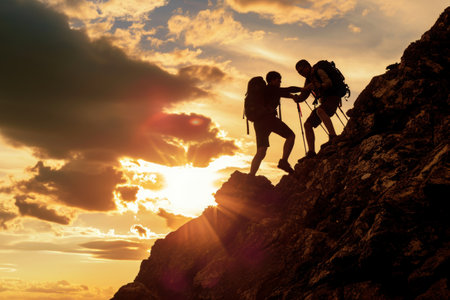 People Standing on Top of a Mountain, Symbolizing strength in unity, a hiker helps a friend conquer the mountain, AI Generatedの素材
