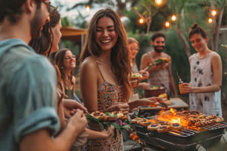 Group of People Standing Around a Grill With Food, Teenagers hosting a BBQ party in a backyard, enjoying food, music, and good company, AI Generatedの素材
