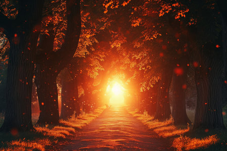 A photo capturing the sunlight streaming through the trees in a forest, Tangerine sunset seeping through a tree alley in a park, AI Generatedの素材