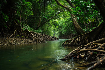 A river flows through a dense green forest, creating a peaceful and picturesque scene, Tangled roots of rainforest trees leaning over a narrow river, AI Generatedの素材