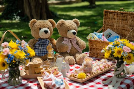 Two teddy bears are sitting side by side on a wooden picnic table, Teddy bears picnic birthday party with checkered blankets, AI Generatedの素材