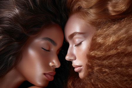 Two women are seen lying next to each other, engaging in relaxed conversation or restful activity, The details of shiny, straight hair versus curly, voluminous hair, AI Generatedの素材