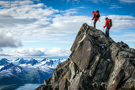 Two individuals standing triumphantly on the summit of a towering mountain, taking in the awe-inspiring view, The grit and bond of two hikers as one helps the other to the summit, AI Generatedの素材