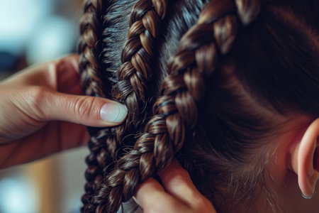 A photo capturing the act of one woman braiding another womans hair, The intricate steps of a professional braiding a client's hair, AI Generatedの素材