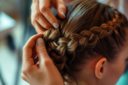 Two women sitting closely as one woman meticulously braids the other womans hair, The intricate steps of a professional braiding a client's hair, AI Generatedの素材