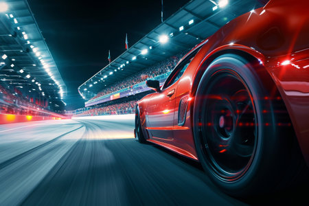 Red Sports Car Racing on a Track, Sport car zooming past the cheering crowd in the spectator stand, AI Generatedの素材